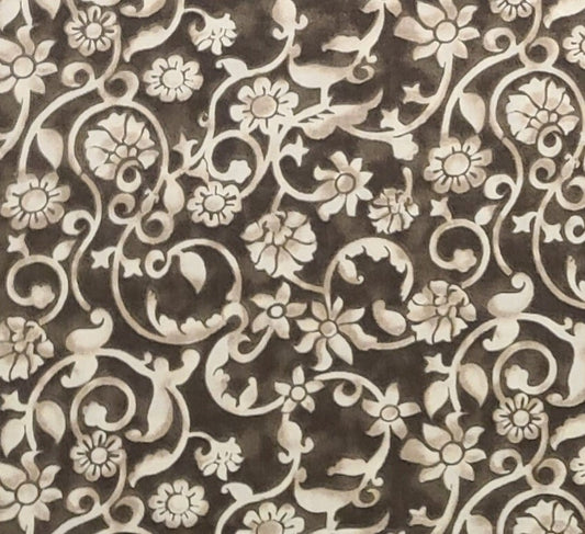 Dark Brown, Tan, Cream Flower and Vine Pattern Fabric