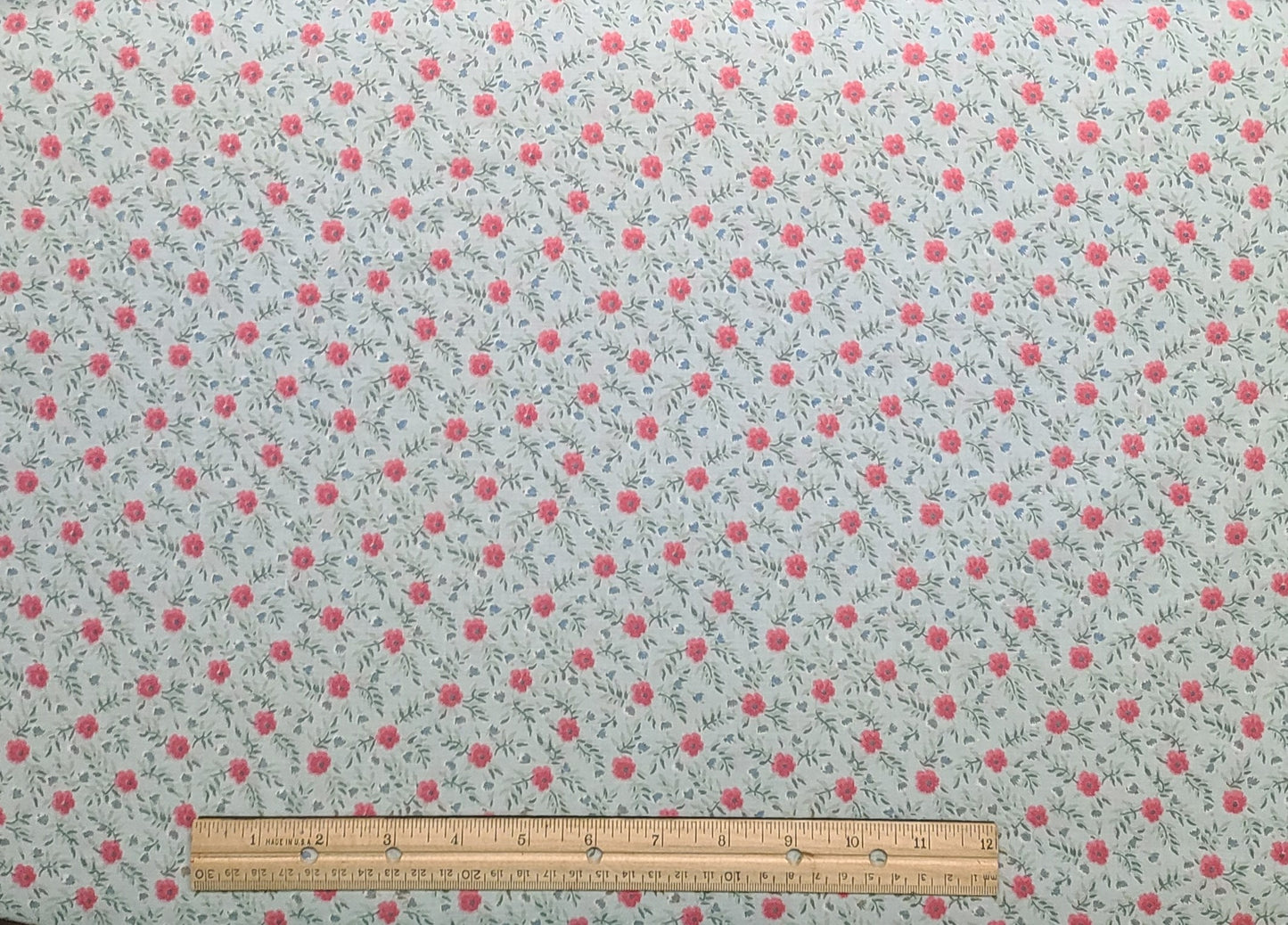 Pale Blue Fabric / Dark Rose / Slate Blue Flower Print / Sage / Dark Sage Leaves - Selvage to Selvage Print