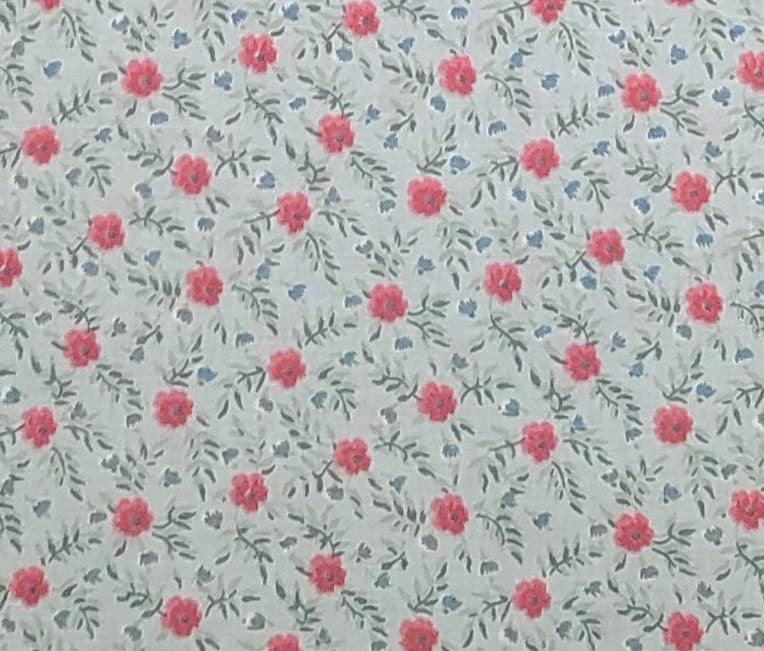 Pale Blue Fabric / Dark Rose / Slate Blue Flower Print / Sage / Dark Sage Leaves - Selvage to Selvage Print