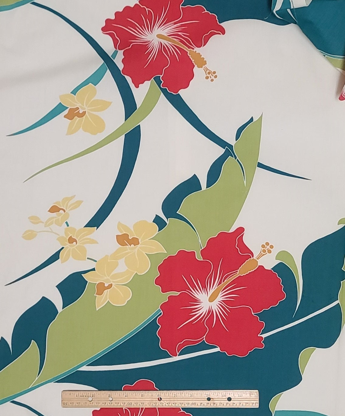 Soft White Fabric / Giant Hibiscus Print / Red / Teal / Olive - Selvage to Selvage Print