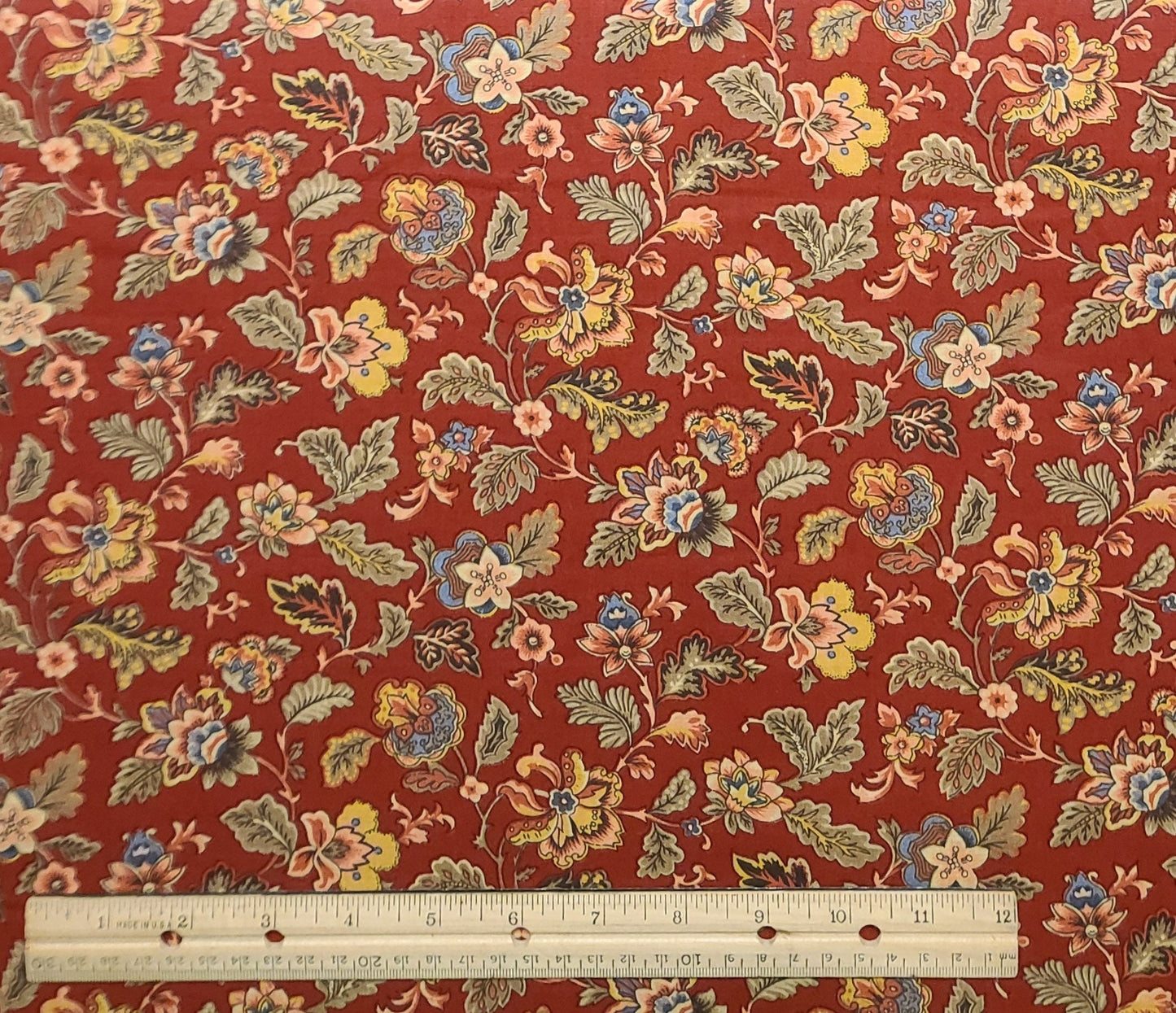 Classic Cottons 2002 - Dark Red Fabric / Tan, Coral, Slate Blue Floral Print