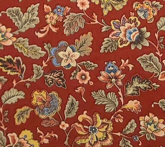 Classic Cottons 2002 - Dark Red Fabric / Tan, Coral, Slate Blue Floral Print