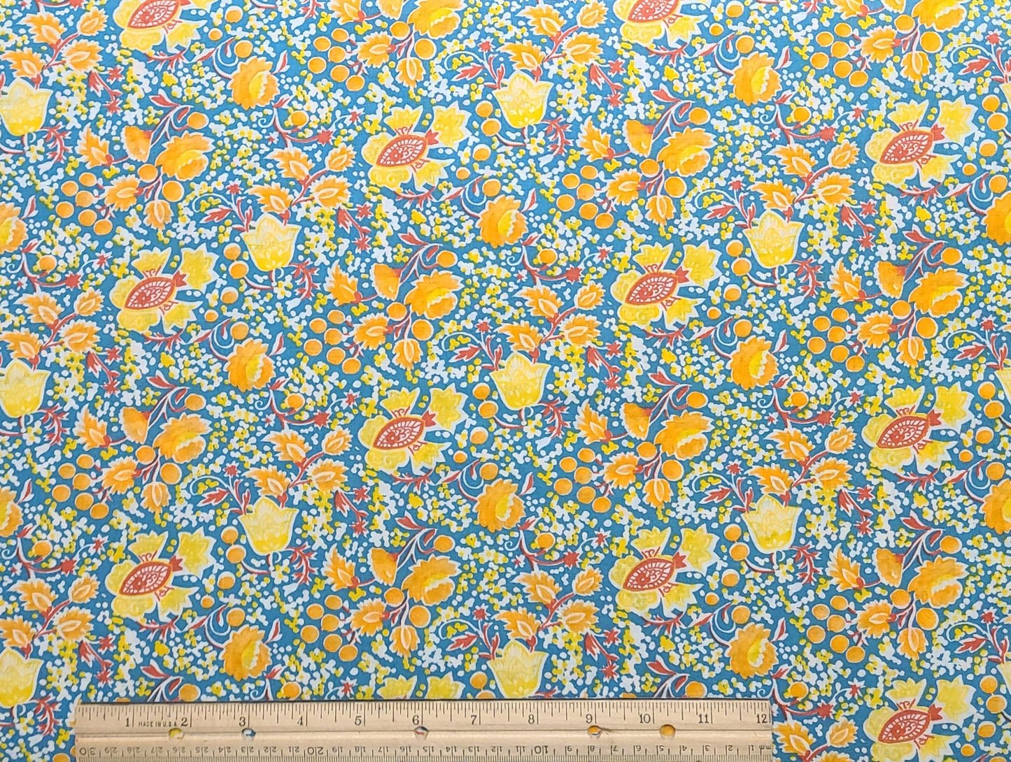 Meduim Blue Fabric / Orange, Yellow and Red Retro Flower Print - Selvage to Selvage Print