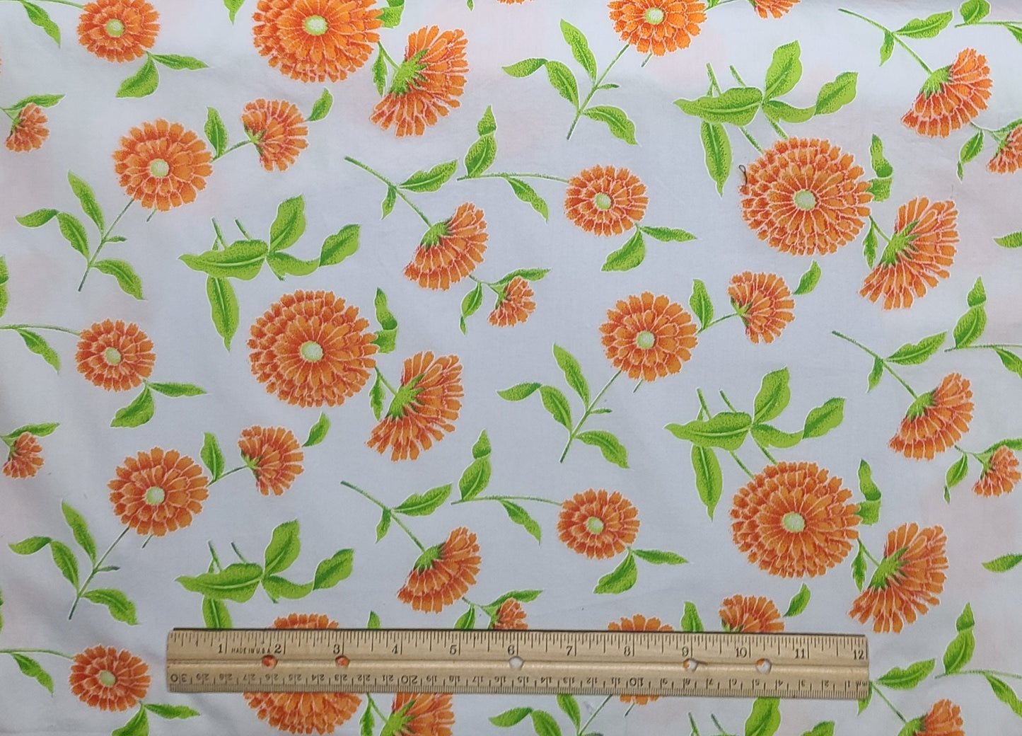 EOB - White Fabric / Orange Flower / Bright Green Leaf Print - Selvage to Selvage Print