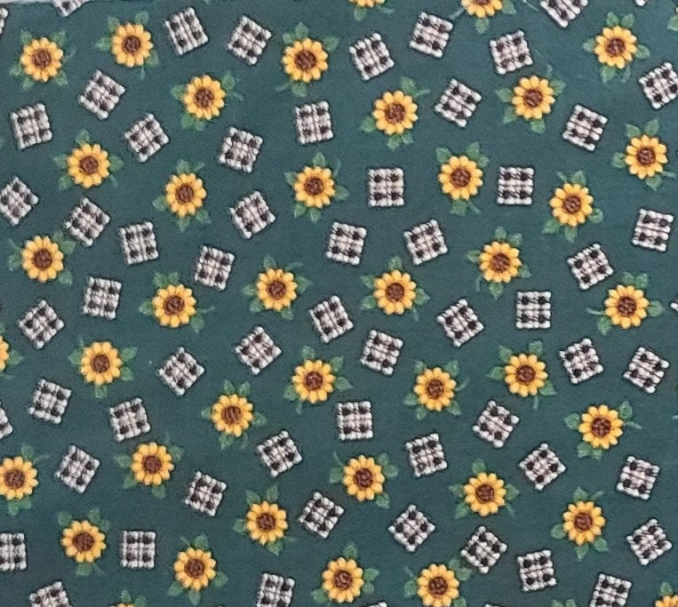 A VIP Print Cranston Print Works Co. - Dark Green Fabric / Sunflower and Brown and White '4-patch' Print