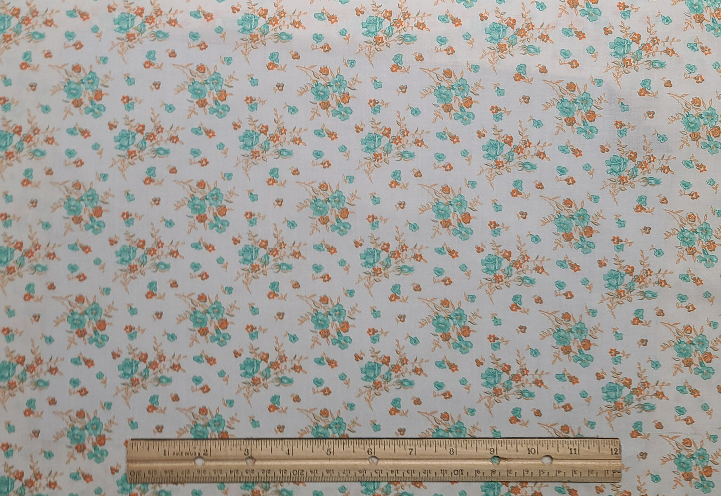 Soft White COTTON/LINEN BLEND Fabric / Aqua and Orange Scattered Bouquet Print - Selvage to Selvage Print