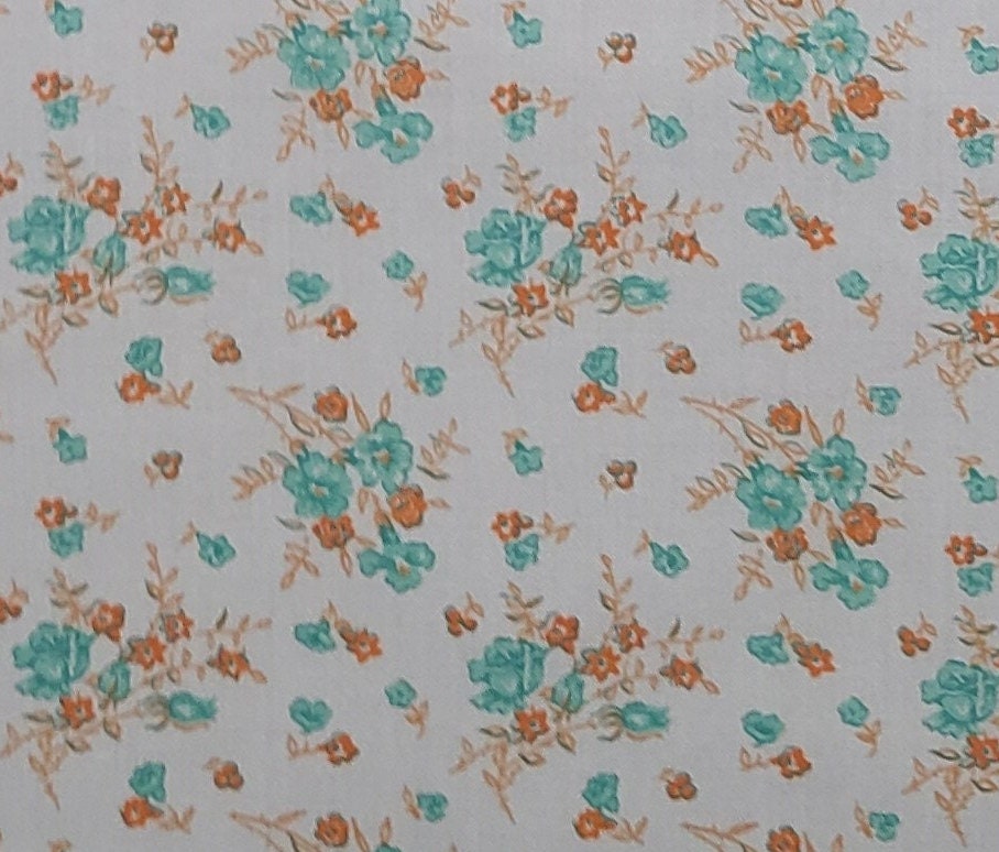 Soft White COTTON/LINEN BLEND Fabric / Aqua and Orange Scattered Bouquet Print - Selvage to Selvage Print