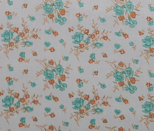 Soft White COTTON/LINEN BLEND Fabric / Aqua and Orange Scattered Bouquet Print - Selvage to Selvage Print