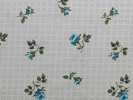 D. B. F. & Co. Inc. 1958 - Vintage 38" WIDE White Fabric with Gray Dot Pattern / Bright Blue Flower Print / Dark Olive Leaves