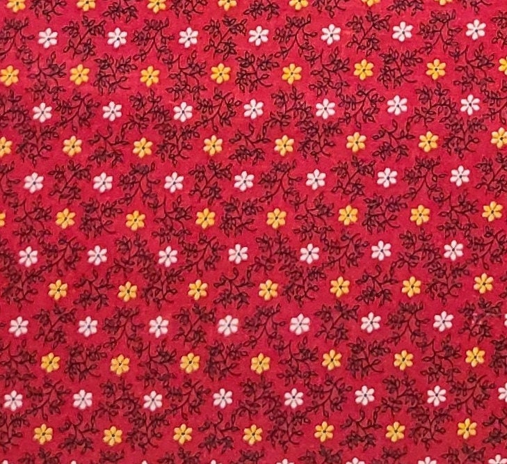 Vintage 36" WIDE Red Fabric / White Yellow / Flower Print / Black Leaf and Vine Print - Selvage to Selvage Print