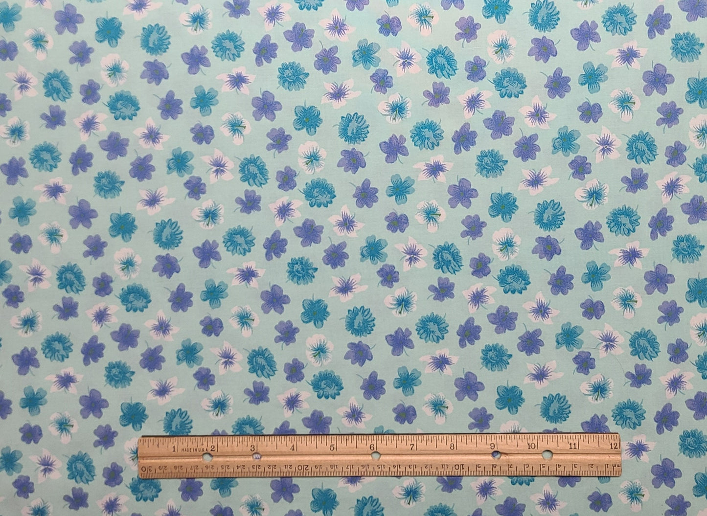 Pale Aqua Fabric / Teal, Violet and White Flower Print