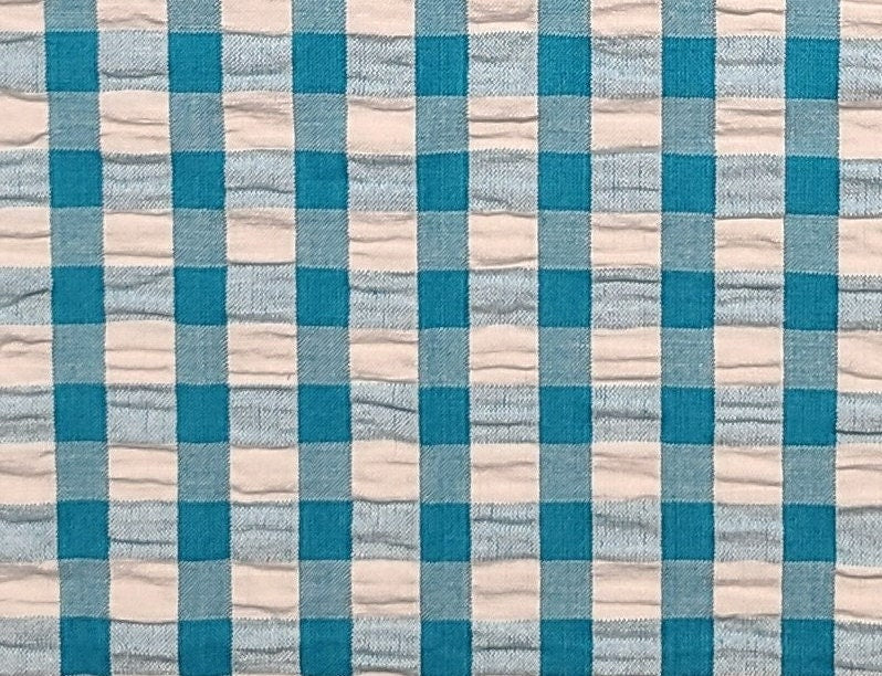 CRINKLE COTTON / SEERSUCKER - Teal and White Gingham - Selvage to Selvage Print