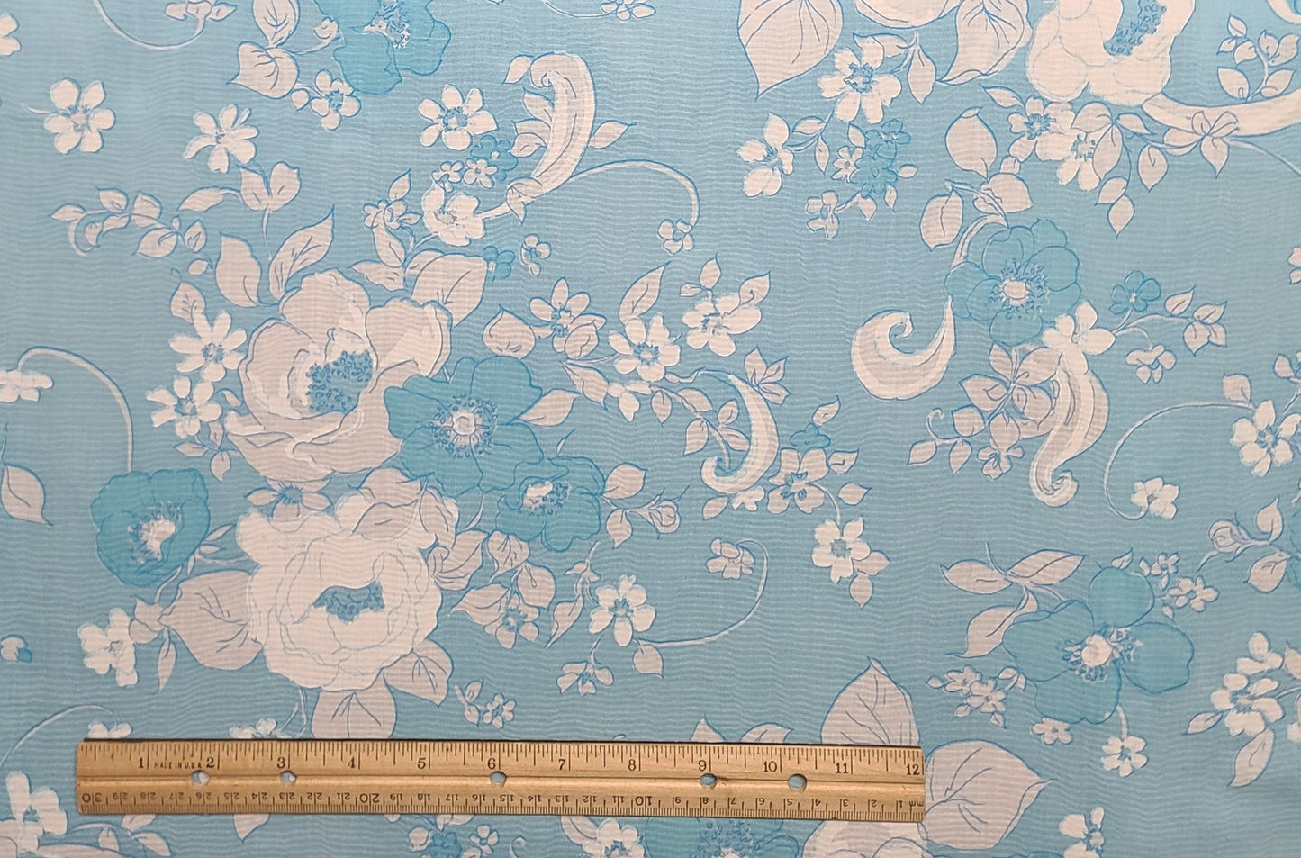 Vintage Ripple Texture Fabric / Light Blue Fabric / Medium Blue / White Flower Print - Selvage to Selvage Print