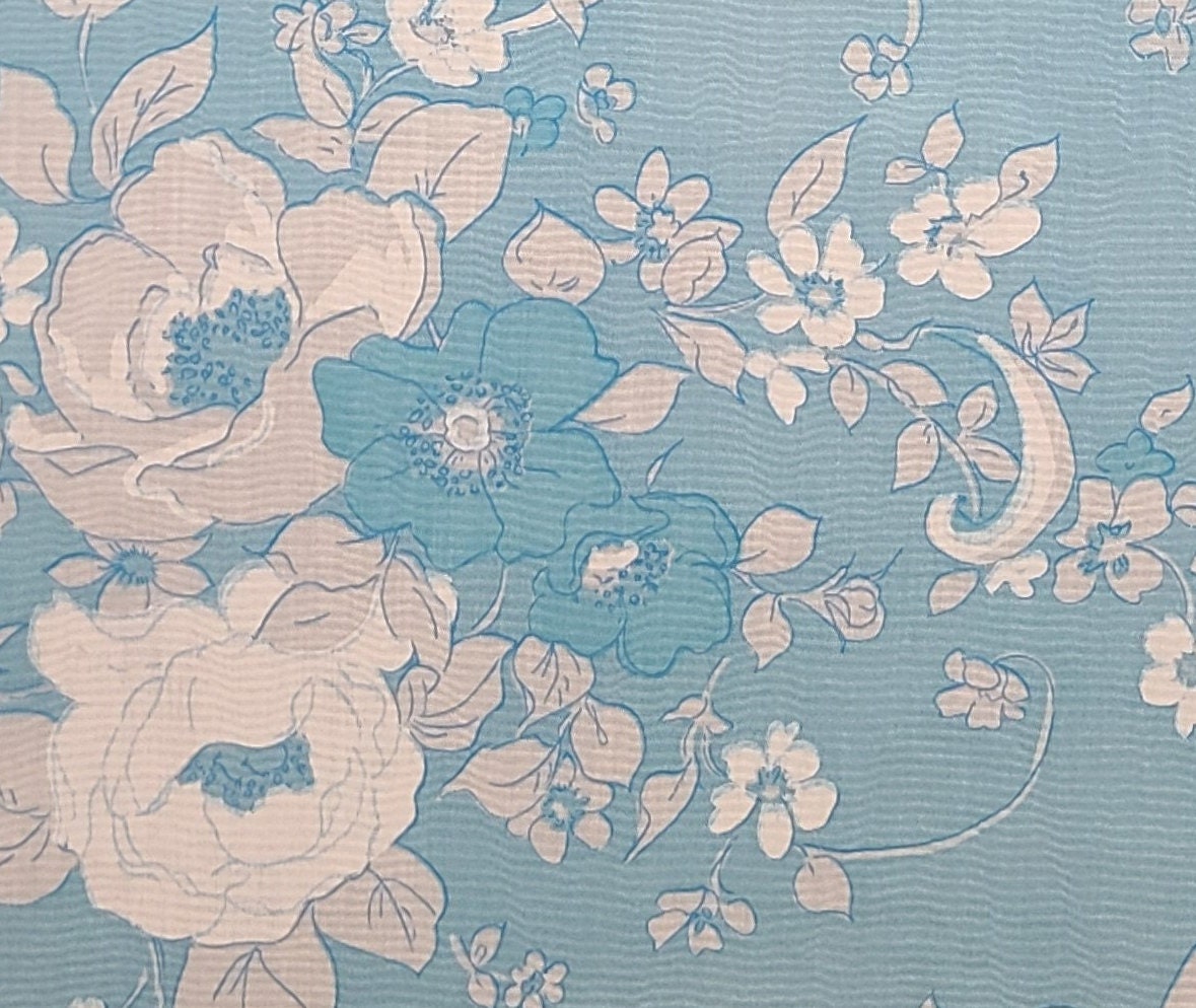 Vintage Ripple Texture Fabric / Light Blue Fabric / Medium Blue / White Flower Print - Selvage to Selvage Print