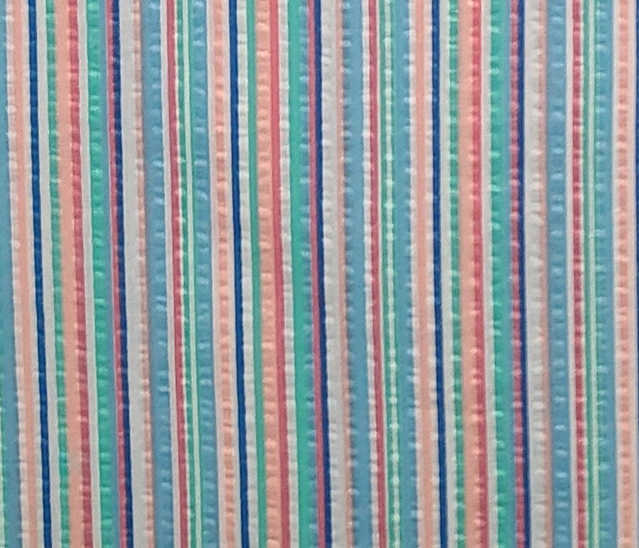 CRINKLE COTTON / SEERSUCKER - Blue / Light Blue / Aqua / Coral Stripe Fabric - Selvage to Selvage Print