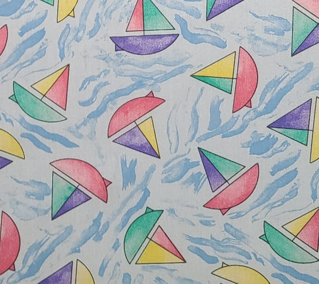 Pale Blue Fabric / Light Blue 'Waves' / Primary Colored Sailboat Print / Juvenile