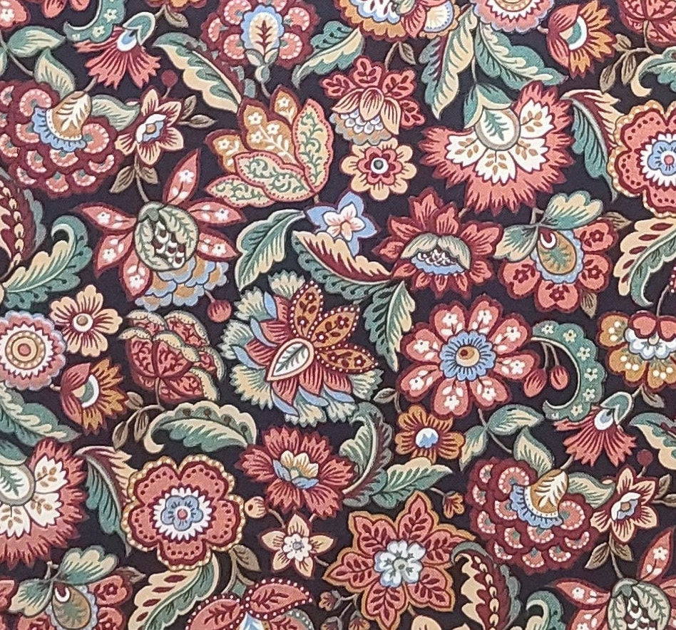 A VIP Print Cranston Print Works Co. - Black Fabric / Maroon / Rose / Blue / Tan / Paisley Flower Print