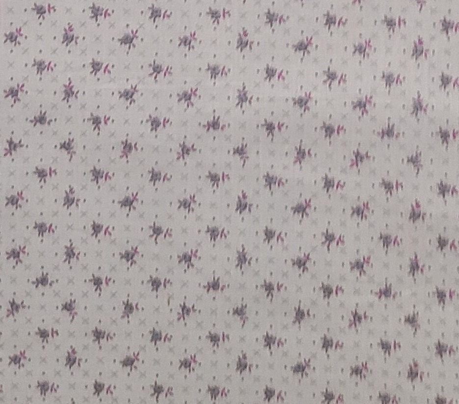 Pale Pink Fabric / Dark Pink and Gray Flower Print / Pale Gray "X" Background - Selvage to Selvage Print