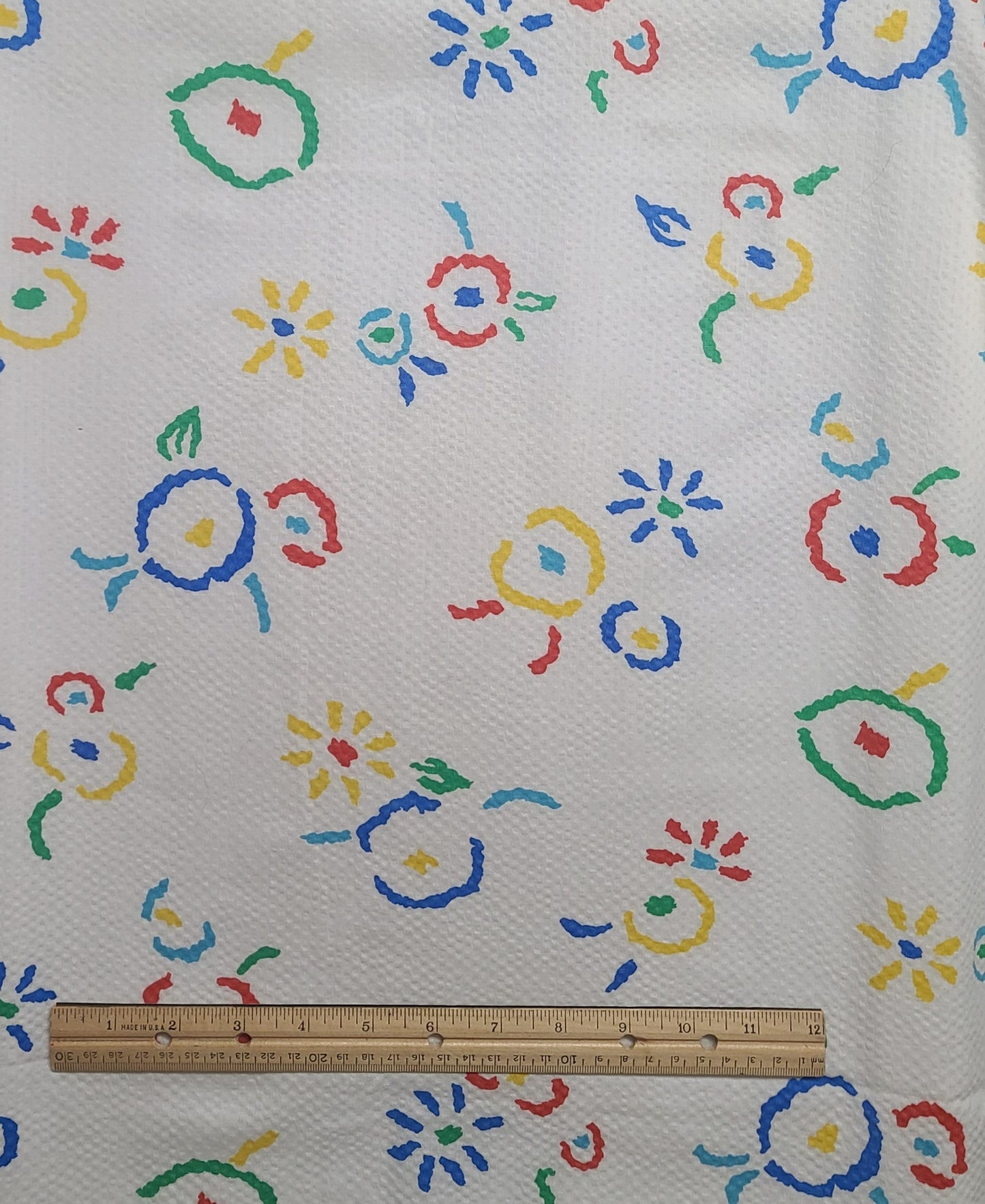 White CRINKLE COTTON Fabric / Red, Blue, Green, Yellow, Teal Cartoon-Style Sun and Flower Print - Selvage to Selvage Print