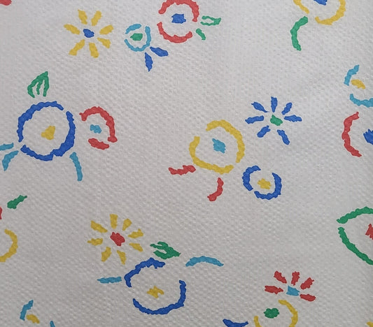 White CRINKLE COTTON Fabric / Red, Blue, Green, Yellow, Teal Cartoon-Style Sun and Flower Print - Selvage to Selvage Print