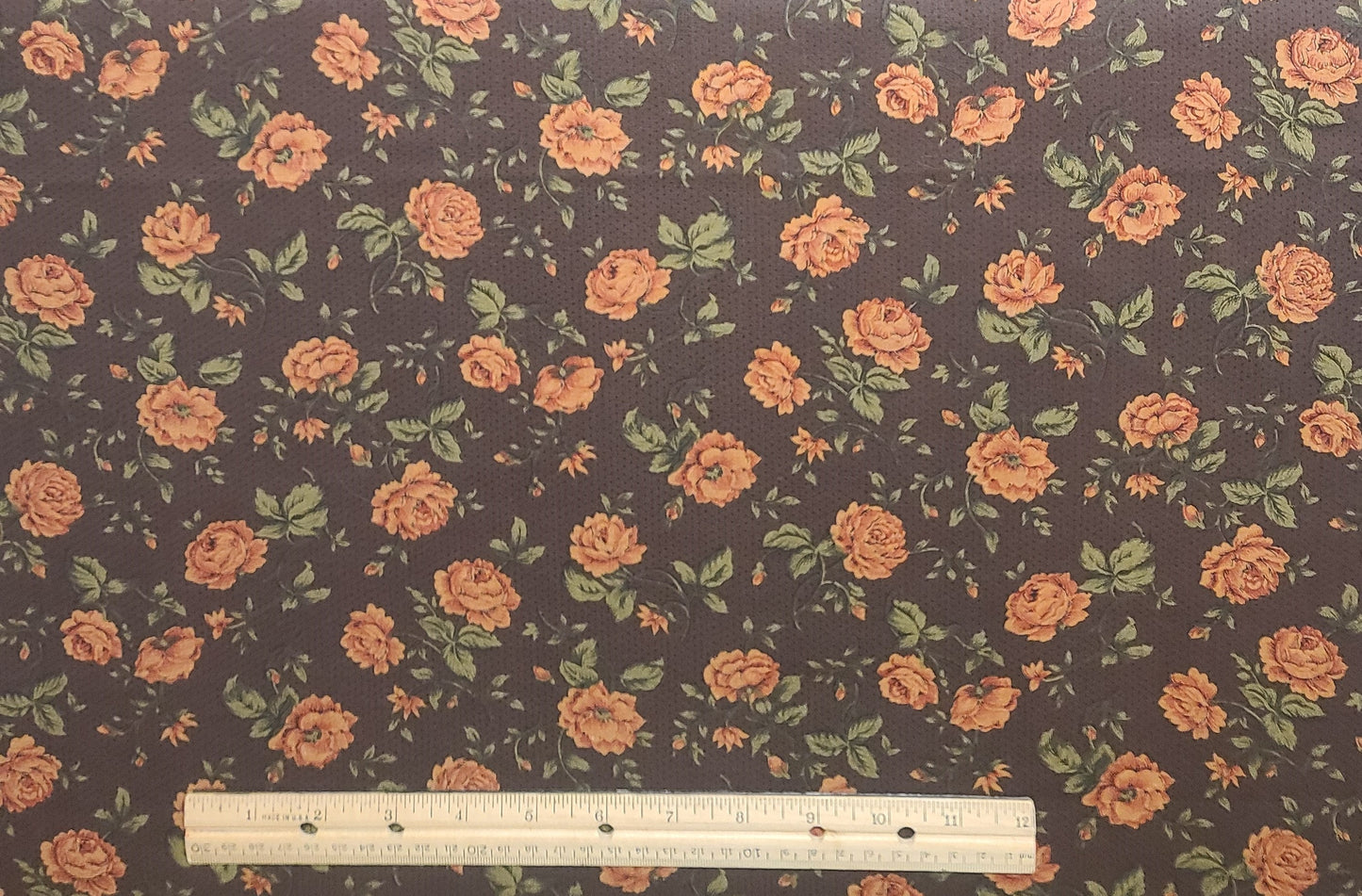 Peter Pan Fabrics, Inc. - Dark Brown Fabric / Black Pindot Background / Red-Orange and Tan Flower Print / Dark Olive Leaves