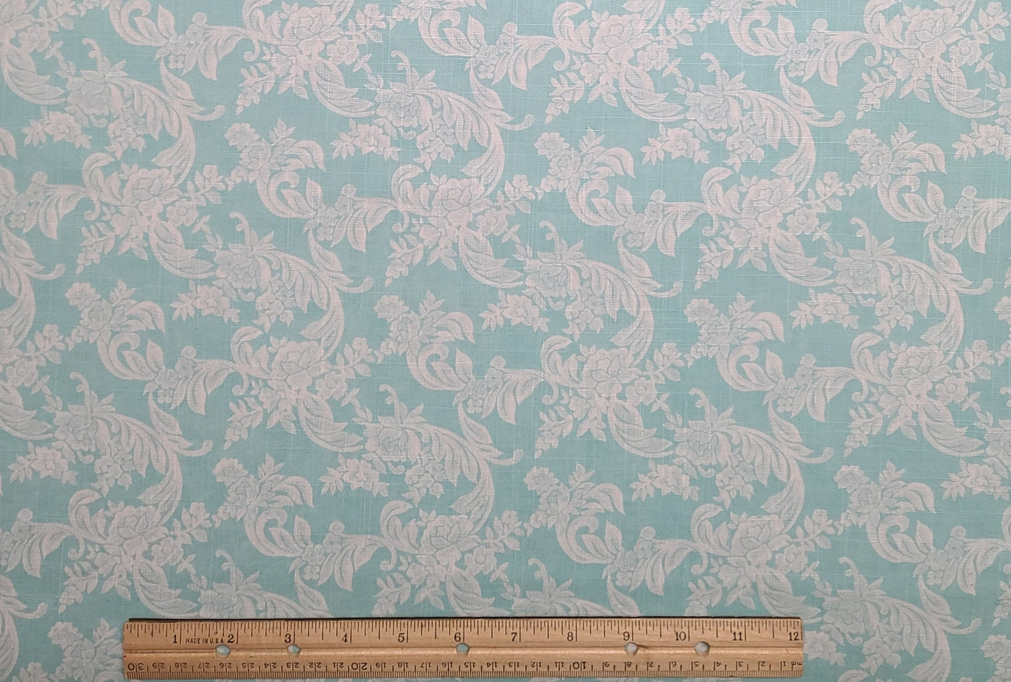 Aqua Fabric - 45" WIDE Linen Blend / White Victorian Style Floral Print - Selvage to Selvage Print