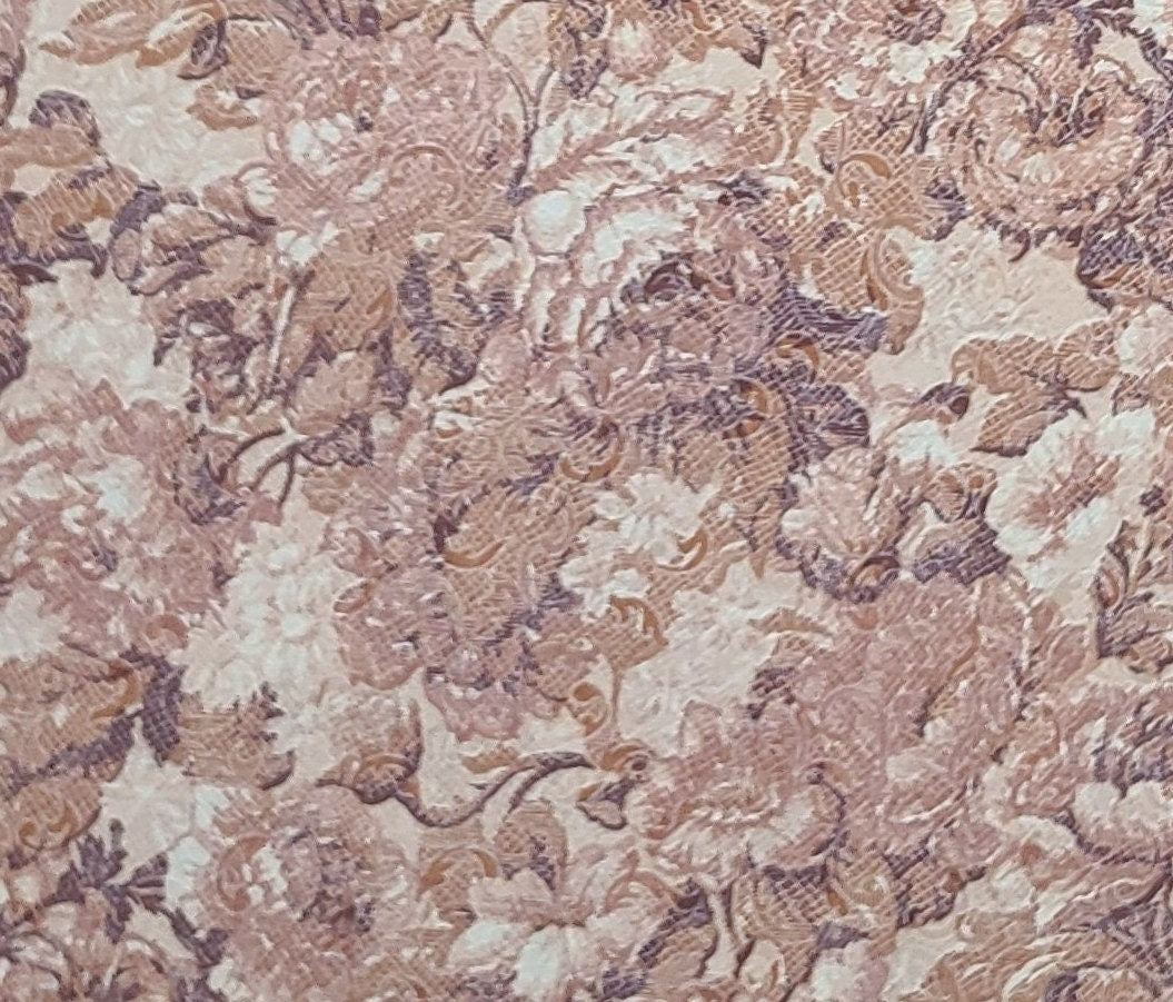 Light Peach Fabric / Allover Floral "Lace" Print in Dusty Rose and Burgundy - Selvage to Selvage Print