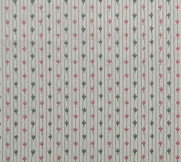 EOB - Soft White Vintage Stripe Fabric / Blue-Green and Rose "Leaf" Print - Selvage to Selvage Print