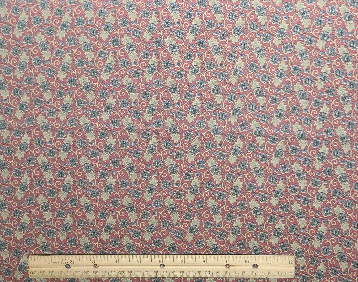 Dark Rose Fabric / Vintage Tan, Blue, Green, Lavender Flower and Vine Print - Selvage to Selvage Print