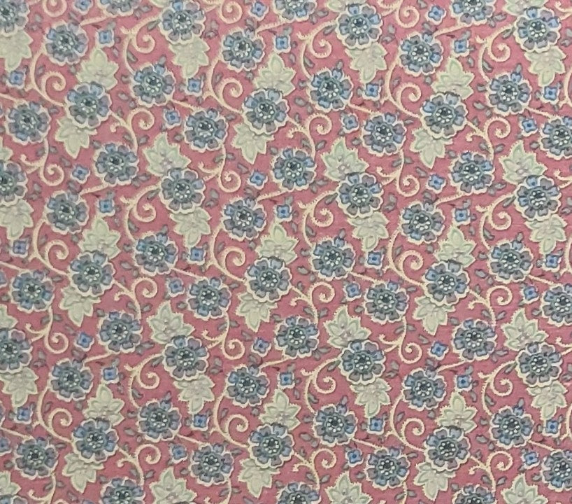 Dark Rose Fabric / Vintage Tan, Blue, Green, Lavender Flower and Vine Print - Selvage to Selvage Print