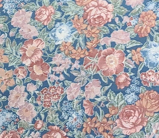 Dark Colonial Blue Fabric / White, Tan, Pink and Dusty Rose Floral Print