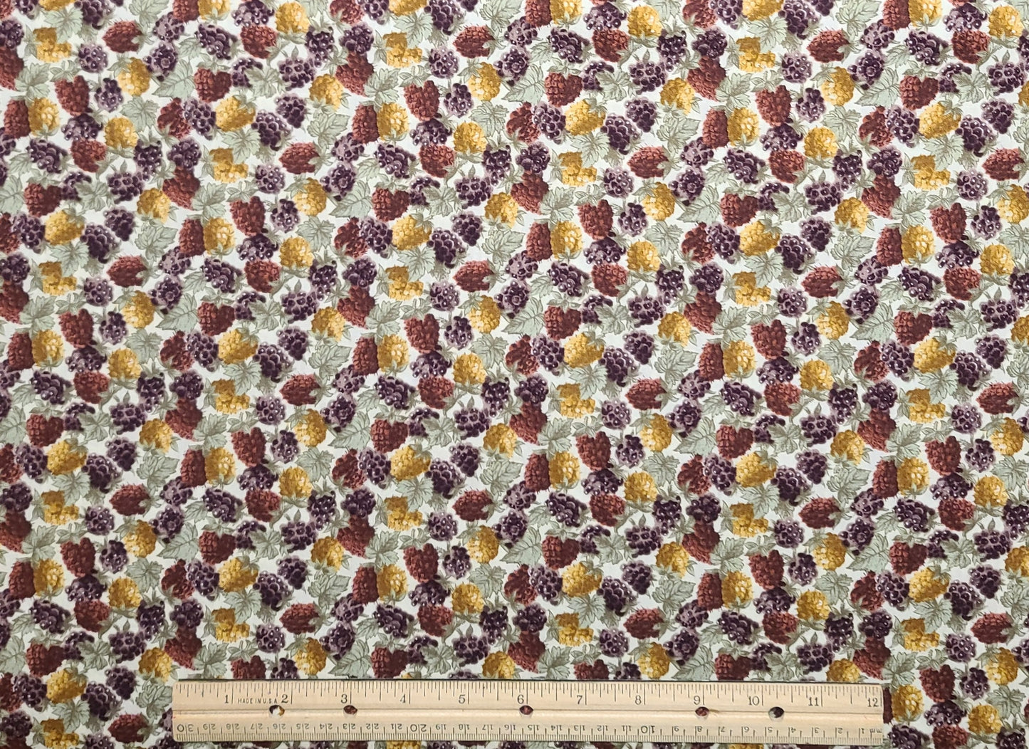 John Kaldor - Soft White Fabric / Blackberry, Raspberry and Goldenberry Print / Olive Leaves