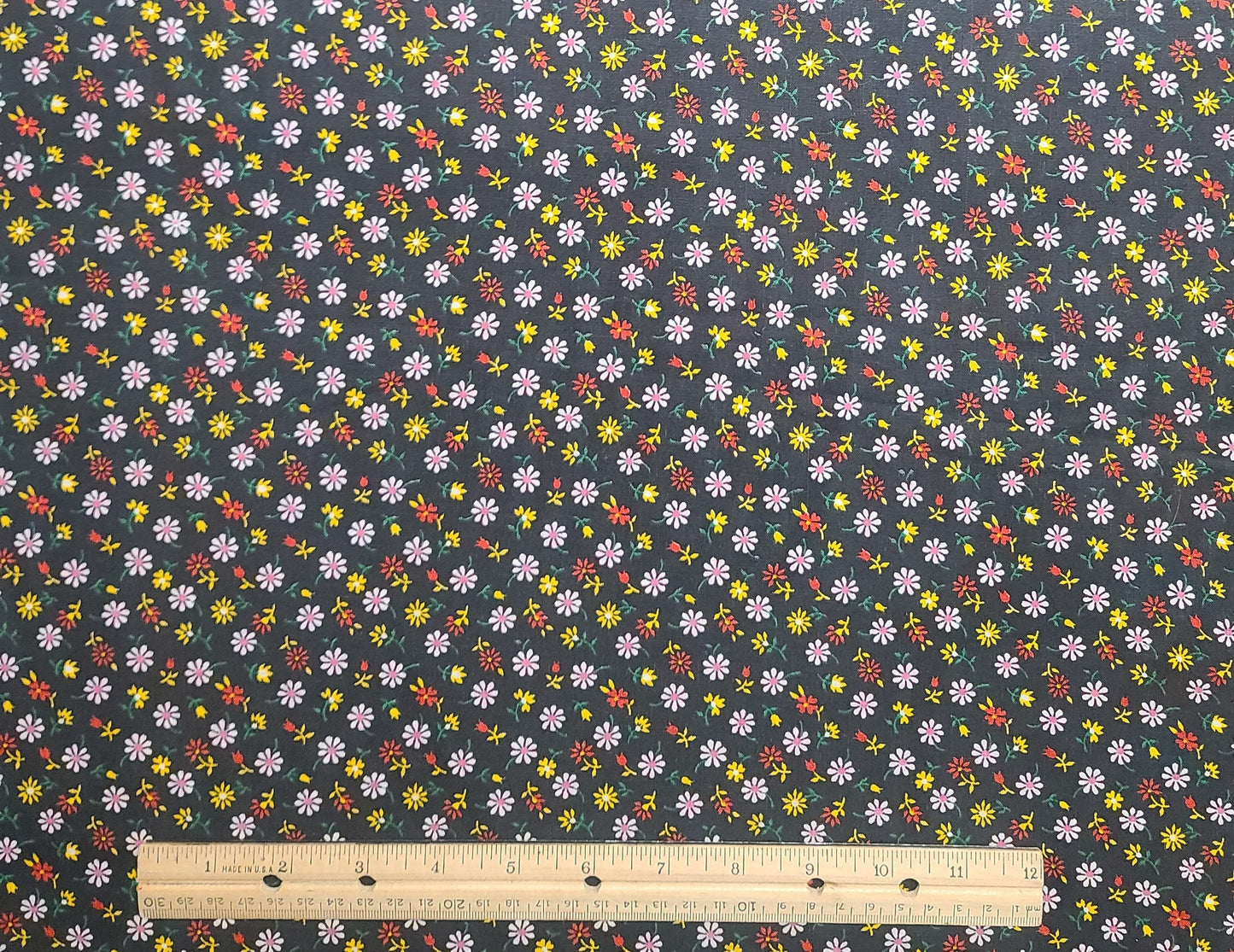 Black 35" WIDE Vintage Fabric / Red, Yellow and White Flower Print