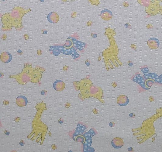 Springs Industries, Inc. - Vintage White Bubble Cotton Fabric / Pastel Yellow, Blue and Pink Nursery Animal Print