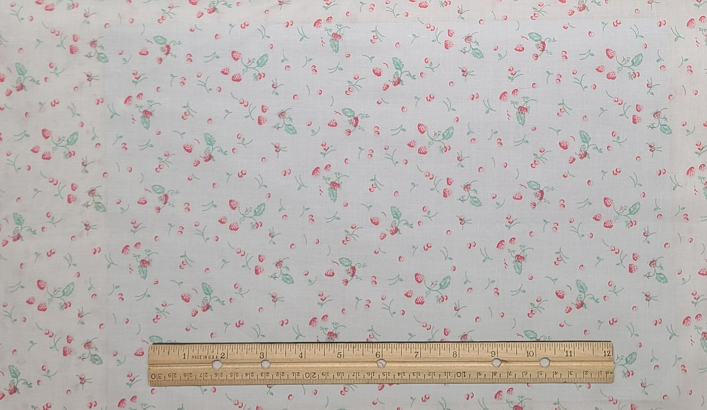 White Voile Fabric / Strawberry and Cherry Print / Green Leaves - Selvage to Selvage Print