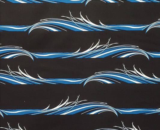 Charley Harper Hawaiian Volcanoes for Birch Fabrics - Black Fabric / Blue and White 'Wave Stripe' - Stripe Runs Parallel to the Selvage