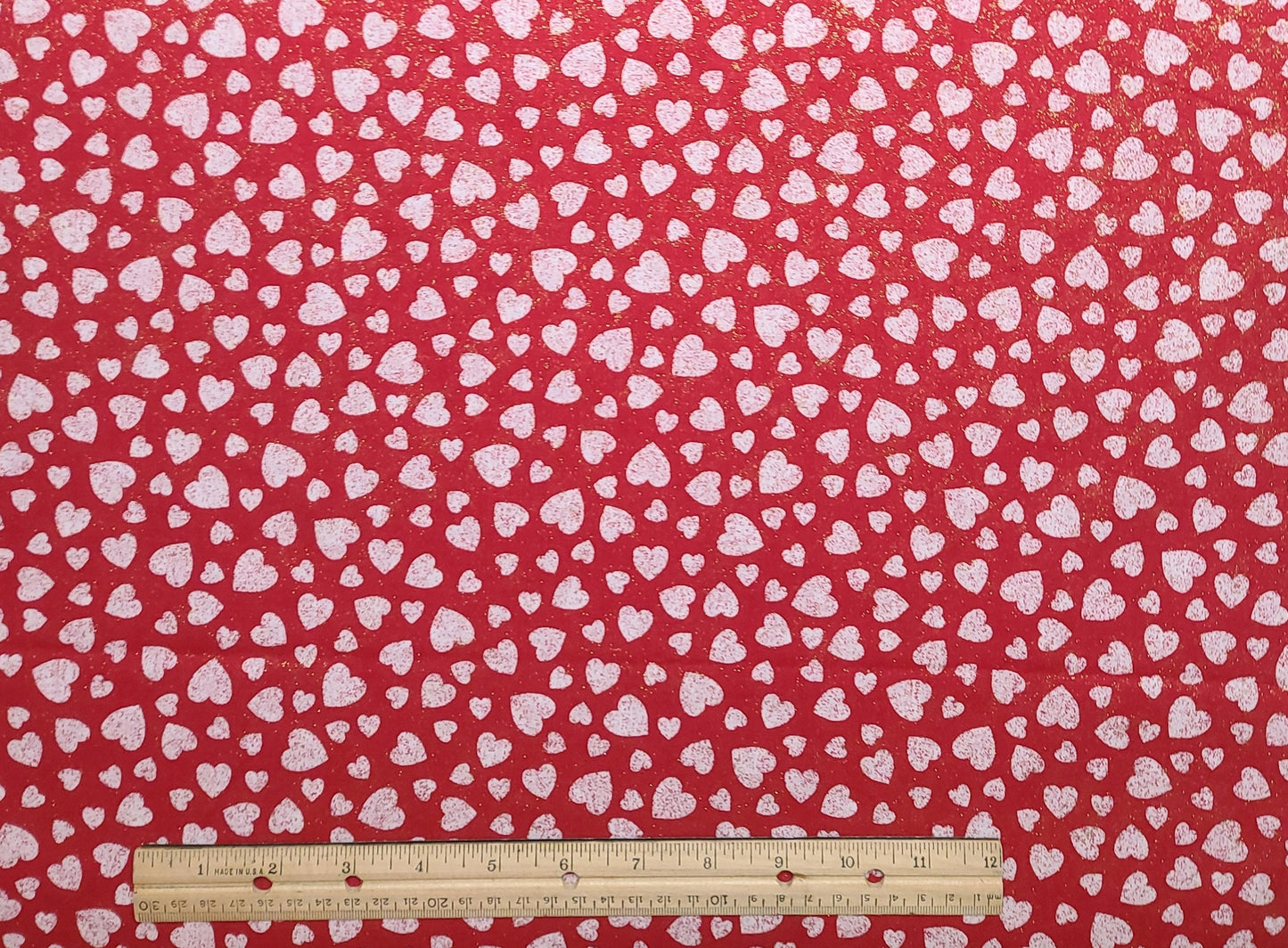 Fabric Traditions 1997 - Red Fabric / White with Red Speckles Scattered Heart Print / Allover Gold Glitter