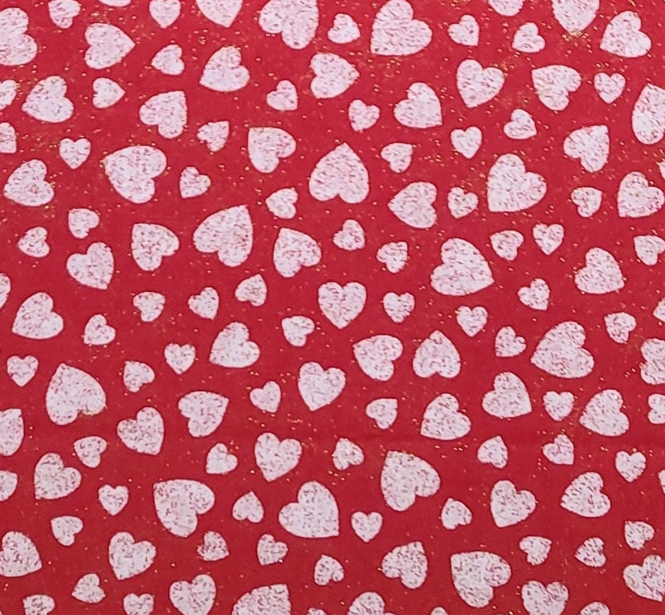 Fabric Traditions 1997 - Red Fabric / White with Red Speckles Scattered Heart Print / Allover Gold Glitter