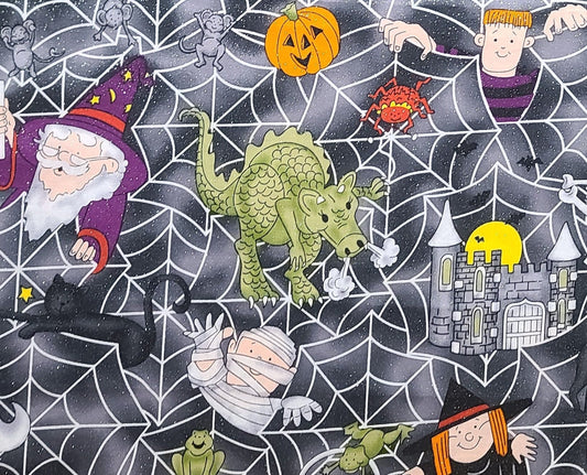 Fabric Traditions 2006 - Gray Tonal Fabric / White Web Background / Cartoon-Style Halloween Characters / Allover Silver Glitter