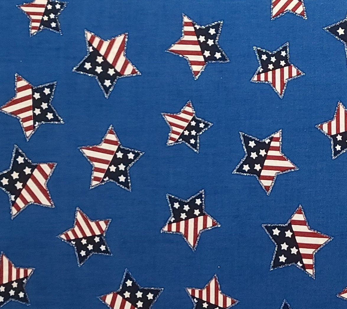 EOB - MBT - Medium Blue Fabric / Red, White and Blue "Flag" Star Print / Stars Outlined with Silver Glitter