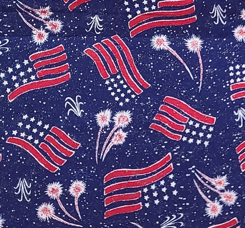 Fabric Traditions 1999 - Dark Blue Fabric / Red and White Fireworks and Flat Print / Allover Silver Glitter