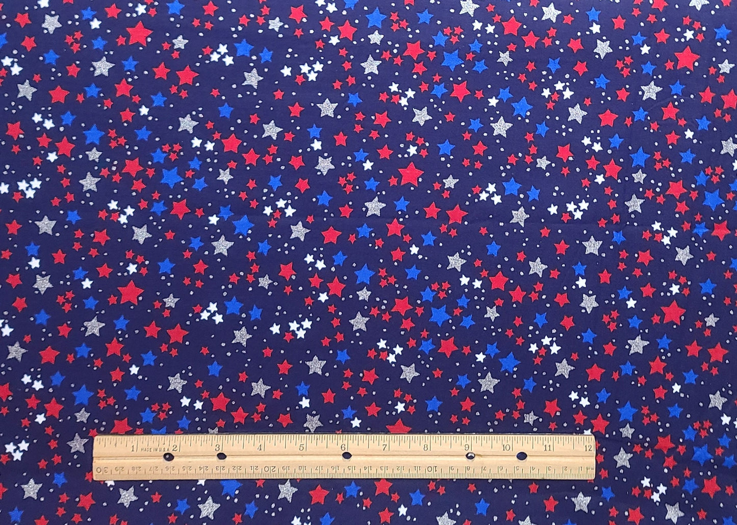 Fabric Traditions 2005 - Dark Blue Fabric / Medium Blue, Red, White and Silver Glitter Stars