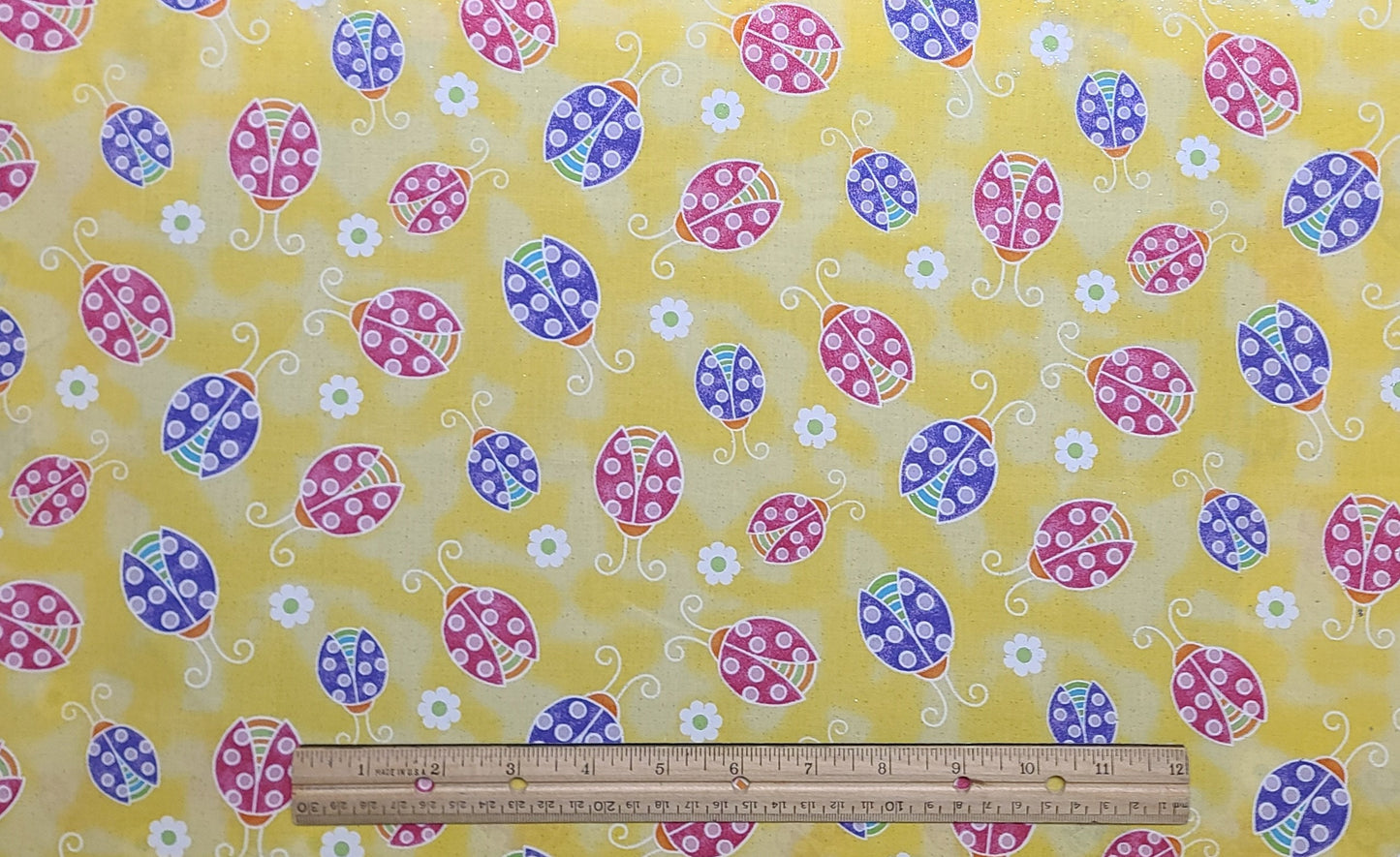 Fabric Traditions 2008 - Bright Yellow Tonal Fabric / Brightly Colored Lady Bug Print / White and Yellow Flower / Allover Silver Glitter