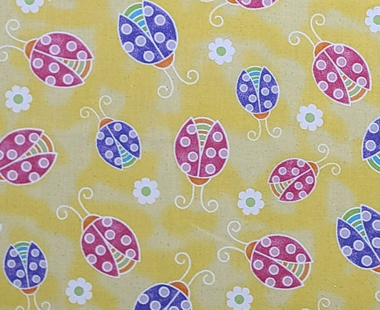 Fabric Traditions 2008 - Bright Yellow Tonal Fabric / Brightly Colored Lady Bug Print / White and Yellow Flower / Allover Silver Glitter