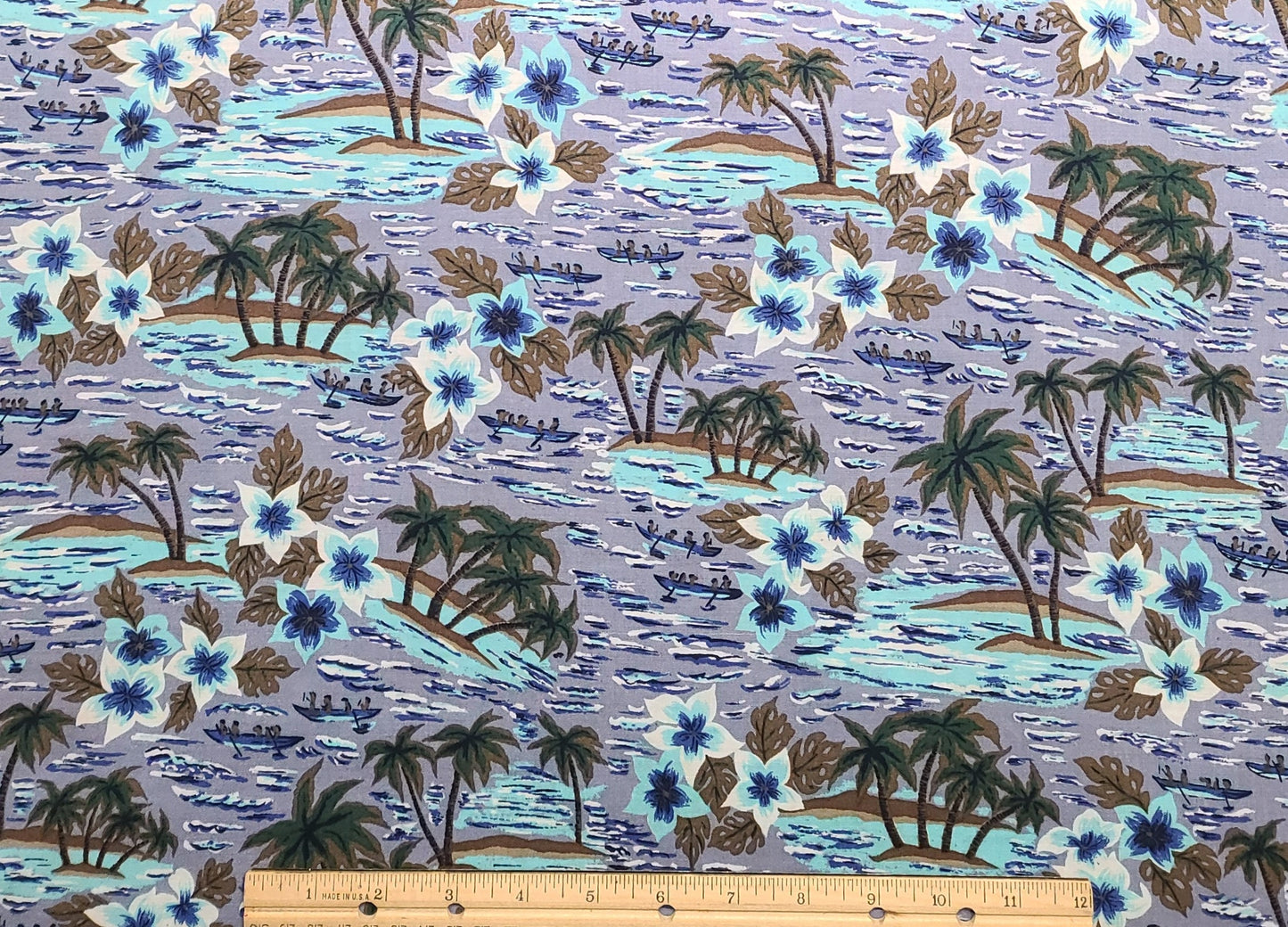 Light Purple Fabric / Tropical "Oasis" Print in White, Aqua and Blue Palm Trees