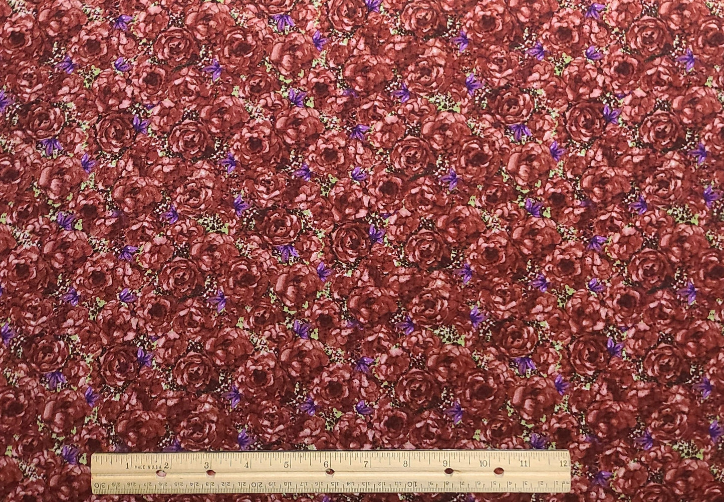 Grandma's Keepsakes by Anna Krajewski Licensed to SSI - Maroon Tonal Rose Print Fabric / Purple Flower Accents