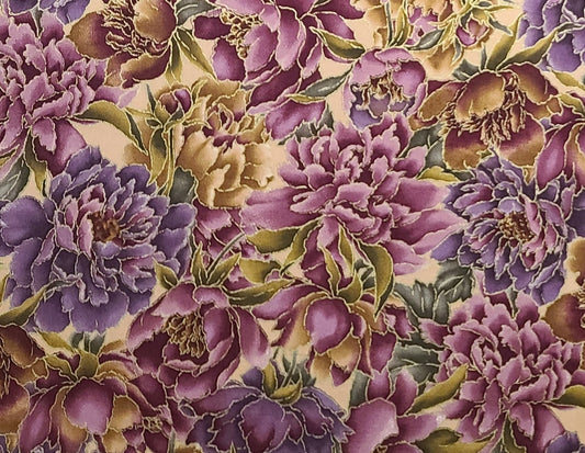 EOB - TK136-26 R.E.D. International Textiles - Allover Floral Print Fabric/Tan, Burgundy, Mauve, Purple, Gold/Green Leaves / Gold Metallic Outline