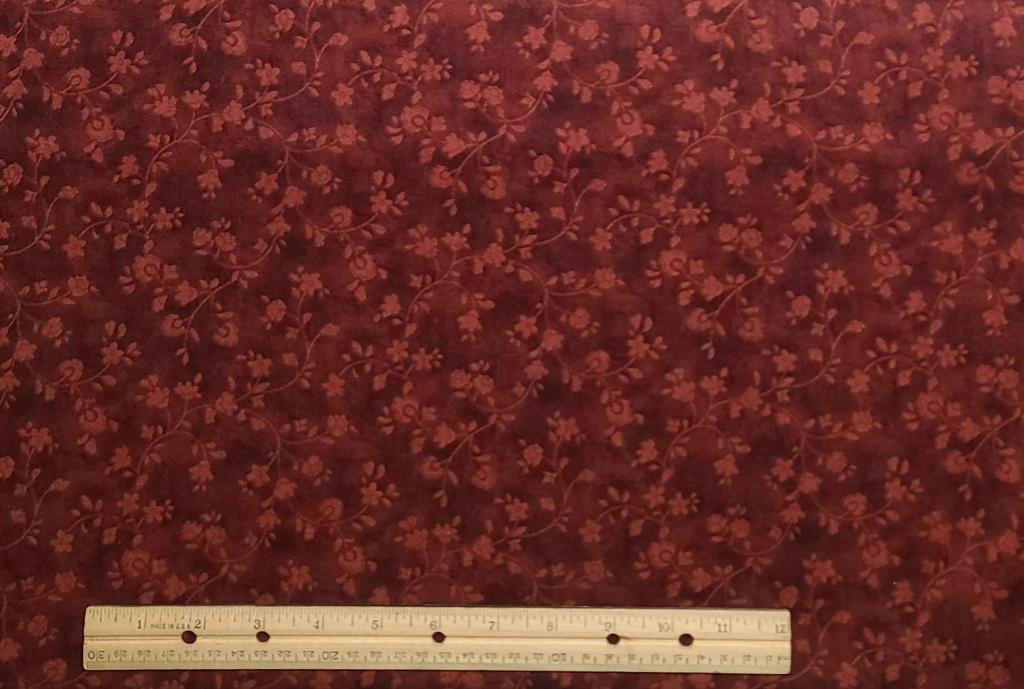 Dark Red Fabric / Tone on Tone Flower / Vine Print