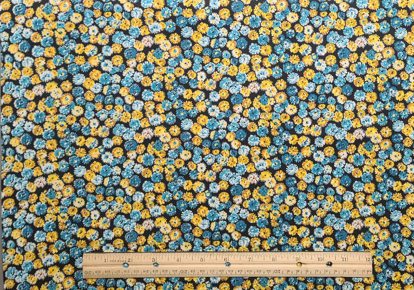 Vintage Black 35" WIDE Fabric / Dark Teal and Gold Flower Print - Selvage to Selvage Print