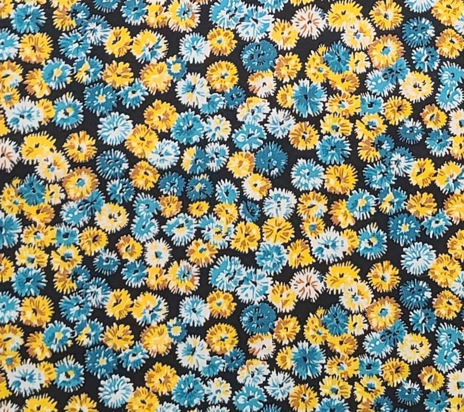 Vintage Black 35" WIDE Fabric / Dark Teal and Gold Flower Print - Selvage to Selvage Print